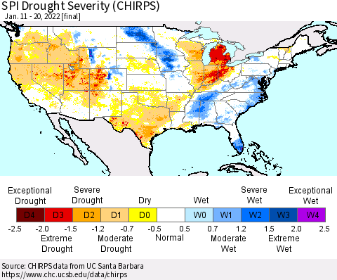 United States SPI Drought Severity (CHIRPS) Thematic Map For 1/11/2022 - 1/20/2022