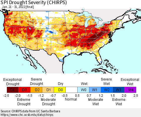 United States SPI Drought Severity (CHIRPS) Thematic Map For 1/21/2022 - 1/31/2022