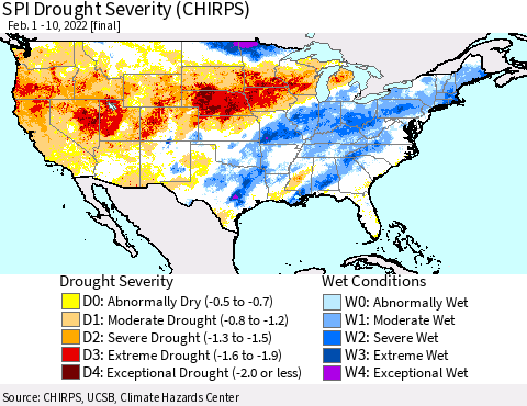 United States SPI Drought Severity (CHIRPS) Thematic Map For 2/1/2022 - 2/10/2022