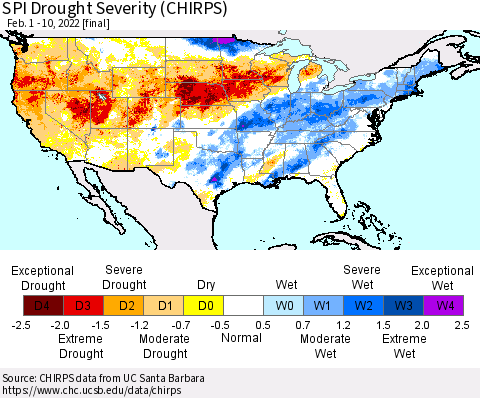United States SPI Drought Severity (CHIRPS) Thematic Map For 2/1/2022 - 2/10/2022