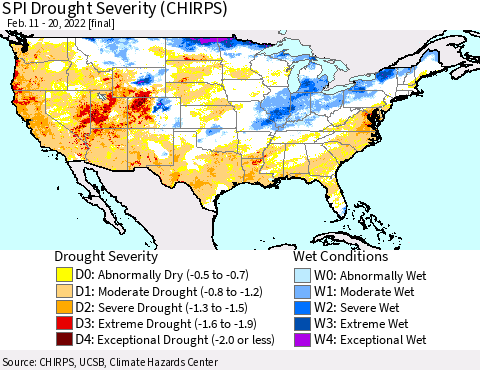 United States SPI Drought Severity (CHIRPS) Thematic Map For 2/11/2022 - 2/20/2022