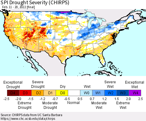 United States SPI Drought Severity (CHIRPS) Thematic Map For 2/11/2022 - 2/20/2022