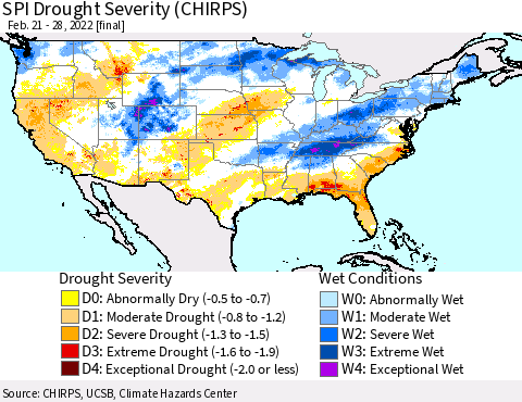 United States SPI Drought Severity (CHIRPS) Thematic Map For 2/21/2022 - 2/28/2022