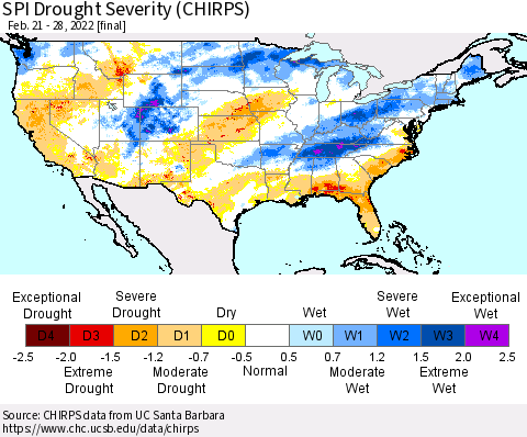 United States SPI Drought Severity (CHIRPS) Thematic Map For 2/21/2022 - 2/28/2022