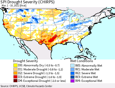 United States SPI Drought Severity (CHIRPS) Thematic Map For 3/1/2022 - 3/10/2022