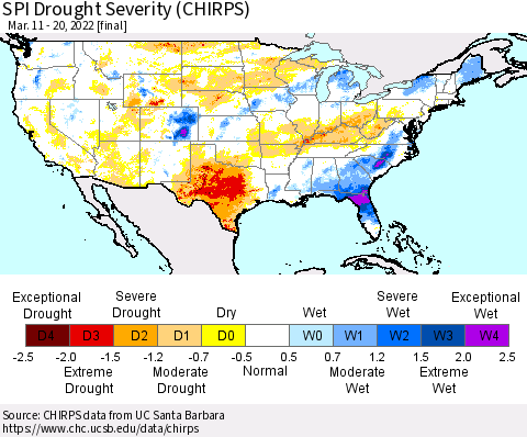 United States SPI Drought Severity (CHIRPS) Thematic Map For 3/11/2022 - 3/20/2022