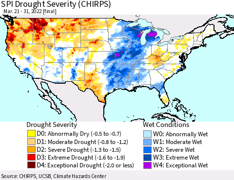 United States SPI Drought Severity (CHIRPS) Thematic Map For 3/21/2022 - 3/31/2022