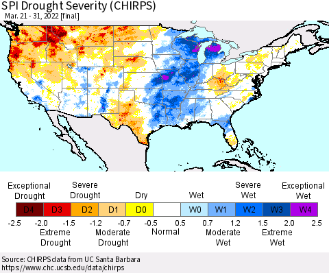 United States SPI Drought Severity (CHIRPS) Thematic Map For 3/21/2022 - 3/31/2022