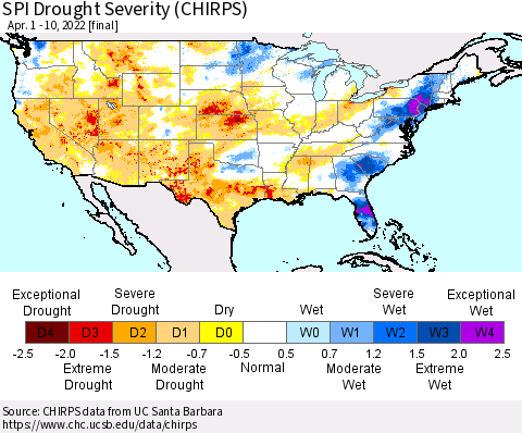 United States SPI Drought Severity (CHIRPS) Thematic Map For 4/1/2022 - 4/10/2022