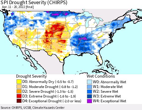 United States SPI Drought Severity (CHIRPS) Thematic Map For 4/11/2022 - 4/20/2022