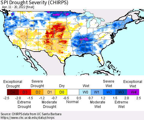 United States SPI Drought Severity (CHIRPS) Thematic Map For 4/11/2022 - 4/20/2022