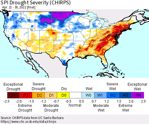 United States SPI Drought Severity (CHIRPS) Thematic Map For 4/21/2022 - 4/30/2022