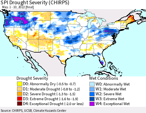United States SPI Drought Severity (CHIRPS) Thematic Map For 5/1/2022 - 5/10/2022