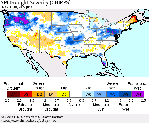 United States SPI Drought Severity (CHIRPS) Thematic Map For 5/1/2022 - 5/10/2022