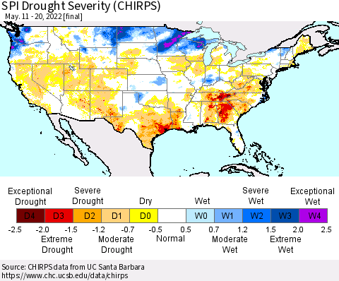 United States SPI Drought Severity (CHIRPS) Thematic Map For 5/11/2022 - 5/20/2022