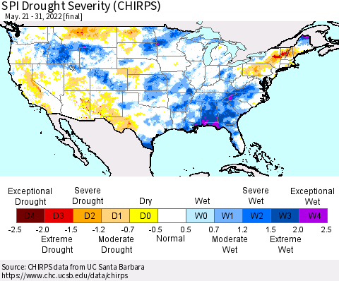 United States SPI Drought Severity (CHIRPS) Thematic Map For 5/21/2022 - 5/31/2022