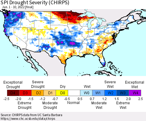 United States SPI Drought Severity (CHIRPS) Thematic Map For 6/1/2022 - 6/10/2022