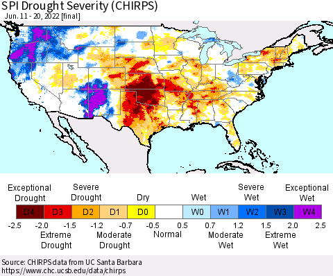 United States SPI Drought Severity (CHIRPS) Thematic Map For 6/11/2022 - 6/20/2022