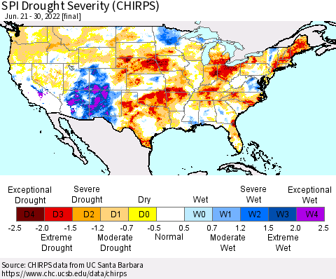 United States SPI Drought Severity (CHIRPS) Thematic Map For 6/21/2022 - 6/30/2022