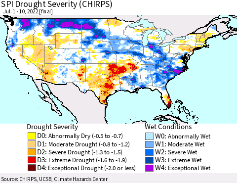 United States SPI Drought Severity (CHIRPS) Thematic Map For 7/1/2022 - 7/10/2022