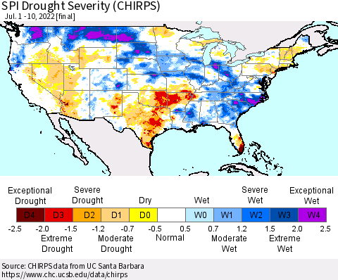United States SPI Drought Severity (CHIRPS) Thematic Map For 7/1/2022 - 7/10/2022