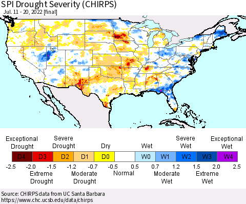 United States SPI Drought Severity (CHIRPS) Thematic Map For 7/11/2022 - 7/20/2022