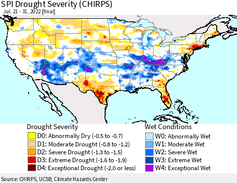United States SPI Drought Severity (CHIRPS) Thematic Map For 7/21/2022 - 7/31/2022