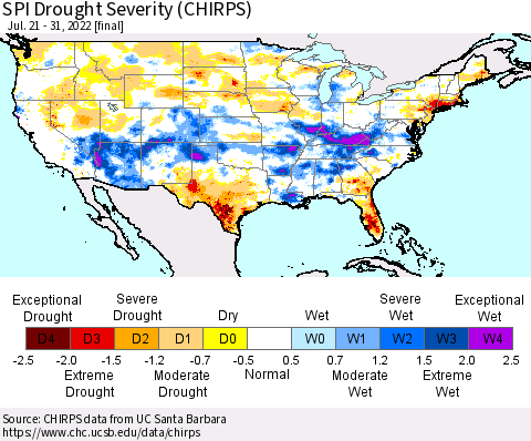 United States SPI Drought Severity (CHIRPS) Thematic Map For 7/21/2022 - 7/31/2022