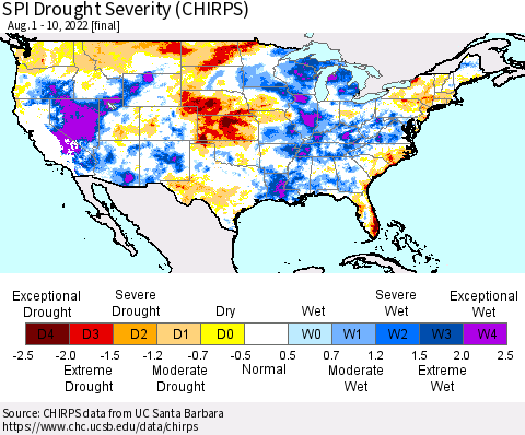 United States SPI Drought Severity (CHIRPS) Thematic Map For 8/1/2022 - 8/10/2022