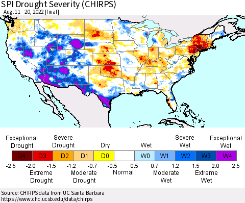 United States SPI Drought Severity (CHIRPS) Thematic Map For 8/11/2022 - 8/20/2022