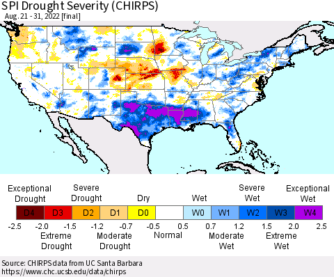 United States SPI Drought Severity (CHIRPS) Thematic Map For 8/21/2022 - 8/31/2022