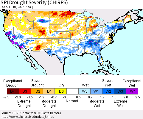 United States SPI Drought Severity (CHIRPS) Thematic Map For 9/1/2022 - 9/10/2022