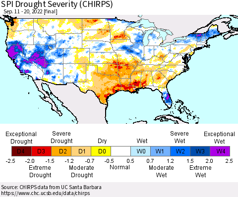 United States SPI Drought Severity (CHIRPS) Thematic Map For 9/11/2022 - 9/20/2022