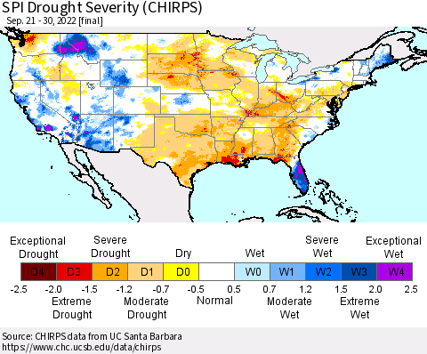 United States SPI Drought Severity (CHIRPS) Thematic Map For 9/21/2022 - 9/30/2022