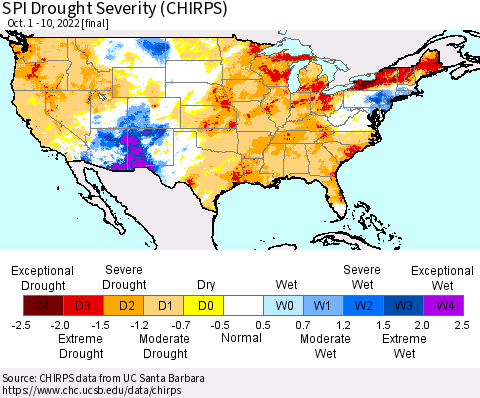 United States SPI Drought Severity (CHIRPS) Thematic Map For 10/1/2022 - 10/10/2022