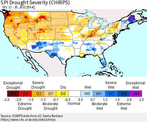 United States SPI Drought Severity (CHIRPS) Thematic Map For 10/11/2022 - 10/20/2022