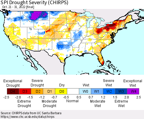 United States SPI Drought Severity (CHIRPS) Thematic Map For 10/21/2022 - 10/31/2022