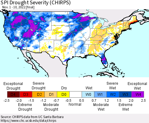United States SPI Drought Severity (CHIRPS) Thematic Map For 11/1/2022 - 11/10/2022