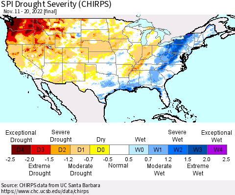 United States SPI Drought Severity (CHIRPS) Thematic Map For 11/11/2022 - 11/20/2022