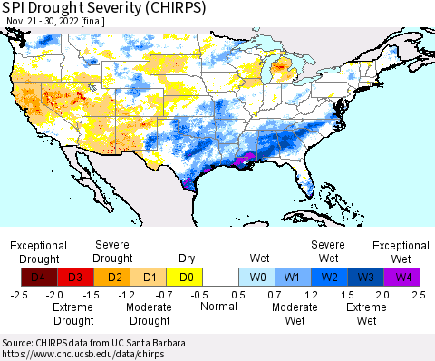 United States SPI Drought Severity (CHIRPS) Thematic Map For 11/21/2022 - 11/30/2022