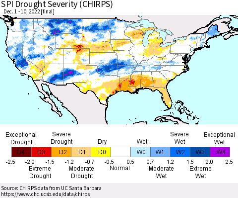 United States SPI Drought Severity (CHIRPS) Thematic Map For 12/1/2022 - 12/10/2022