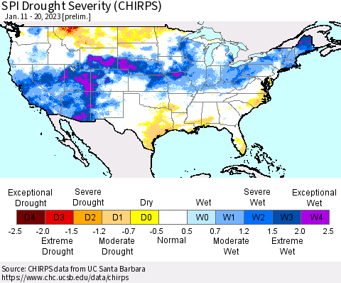 United States SPI Drought Severity (CHIRPS) Thematic Map For 1/11/2023 - 1/20/2023
