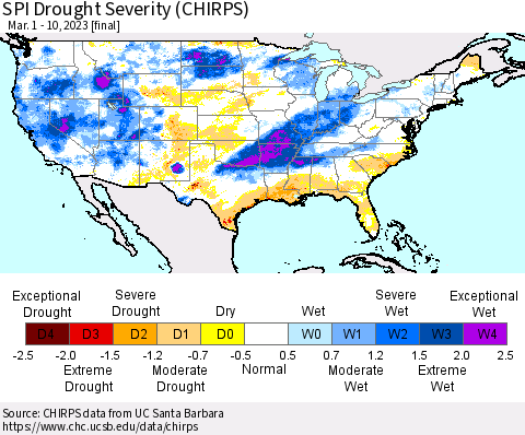 United States SPI Drought Severity (CHIRPS) Thematic Map For 3/1/2023 - 3/10/2023