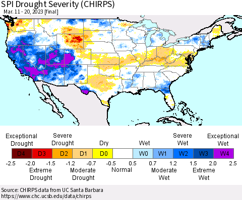 United States SPI Drought Severity (CHIRPS) Thematic Map For 3/11/2023 - 3/20/2023