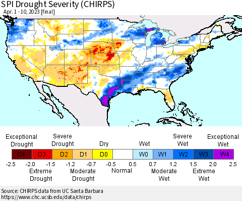 United States SPI Drought Severity (CHIRPS) Thematic Map For 4/1/2023 - 4/10/2023