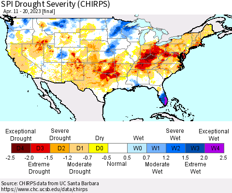 United States SPI Drought Severity (CHIRPS) Thematic Map For 4/11/2023 - 4/20/2023