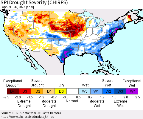 United States SPI Drought Severity (CHIRPS) Thematic Map For 4/21/2023 - 4/30/2023
