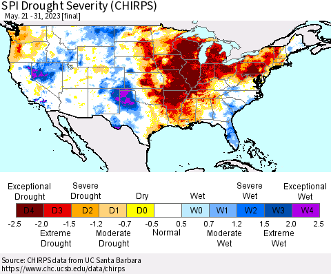 United States SPI Drought Severity (CHIRPS) Thematic Map For 5/21/2023 - 5/31/2023
