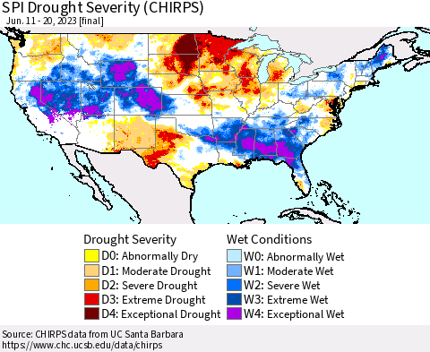 United States SPI Drought Severity (CHIRPS) Thematic Map For 6/11/2023 - 6/20/2023