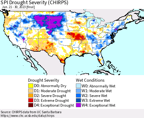 United States SPI Drought Severity (CHIRPS) Thematic Map For 6/21/2023 - 6/30/2023